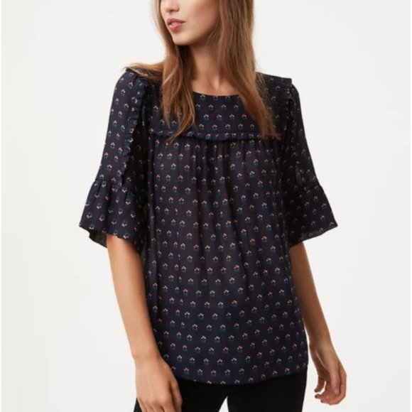 Ann Taylor LOFT Budding Ruffle Trim Navy Top - Picture 2 of 6